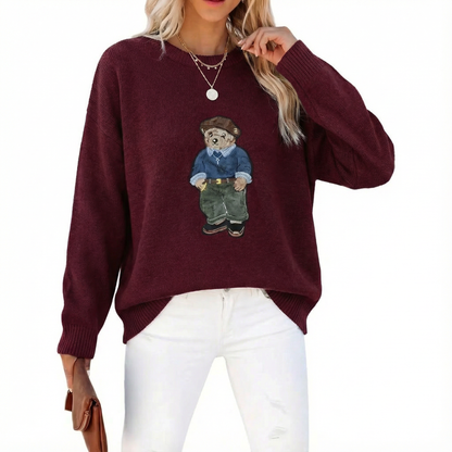 Elvessa Bear Print Crew Neck Sweater