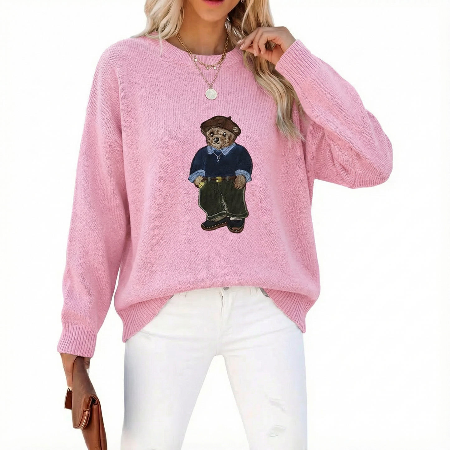 Elvessa Bear Print Crew Neck Sweater