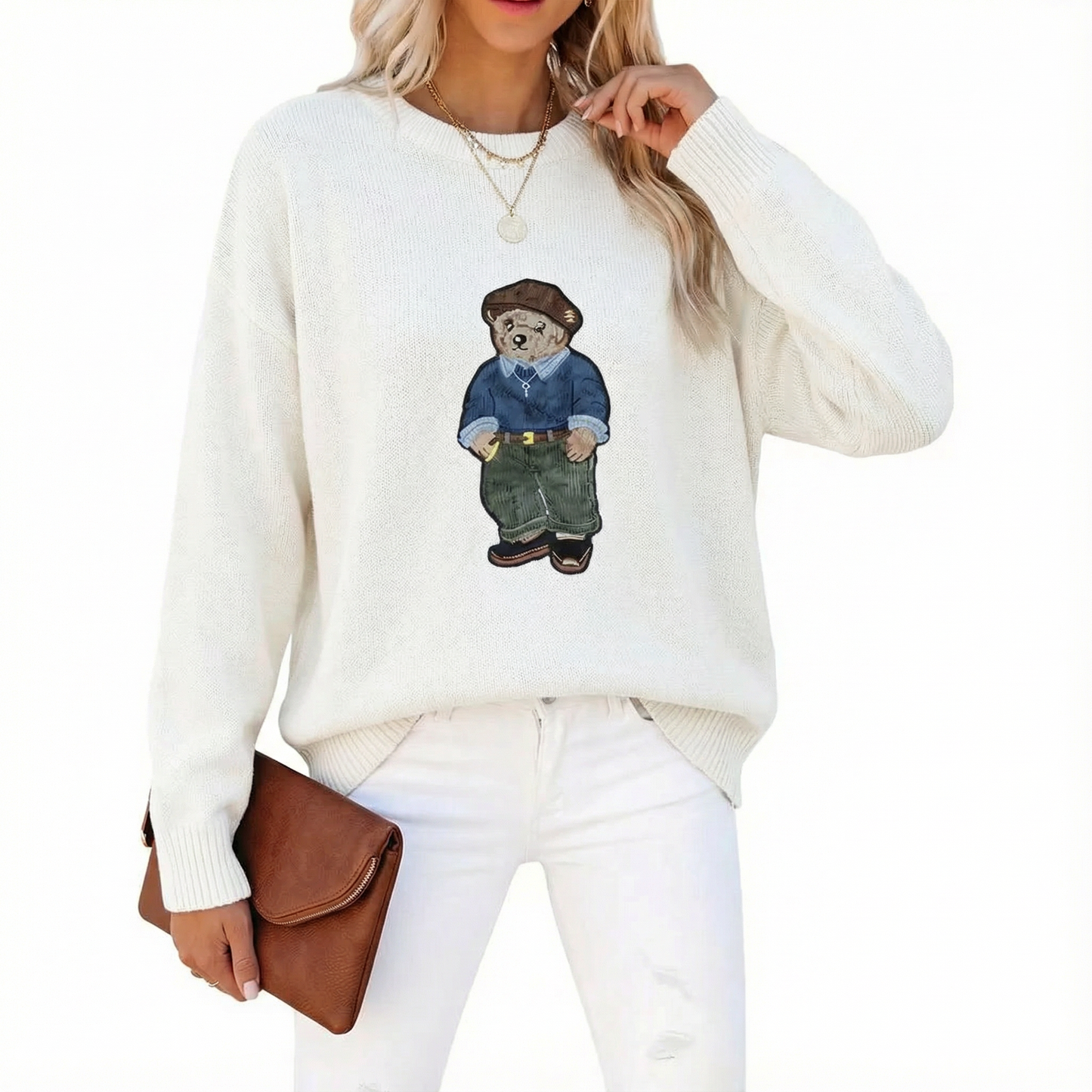 Elvessa Bear Print Crew Neck Sweater