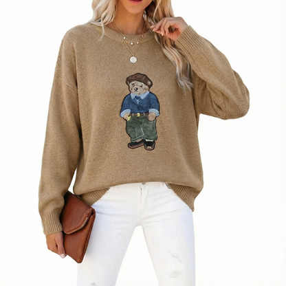 Elvessa Bear Print Crew Neck Sweater
