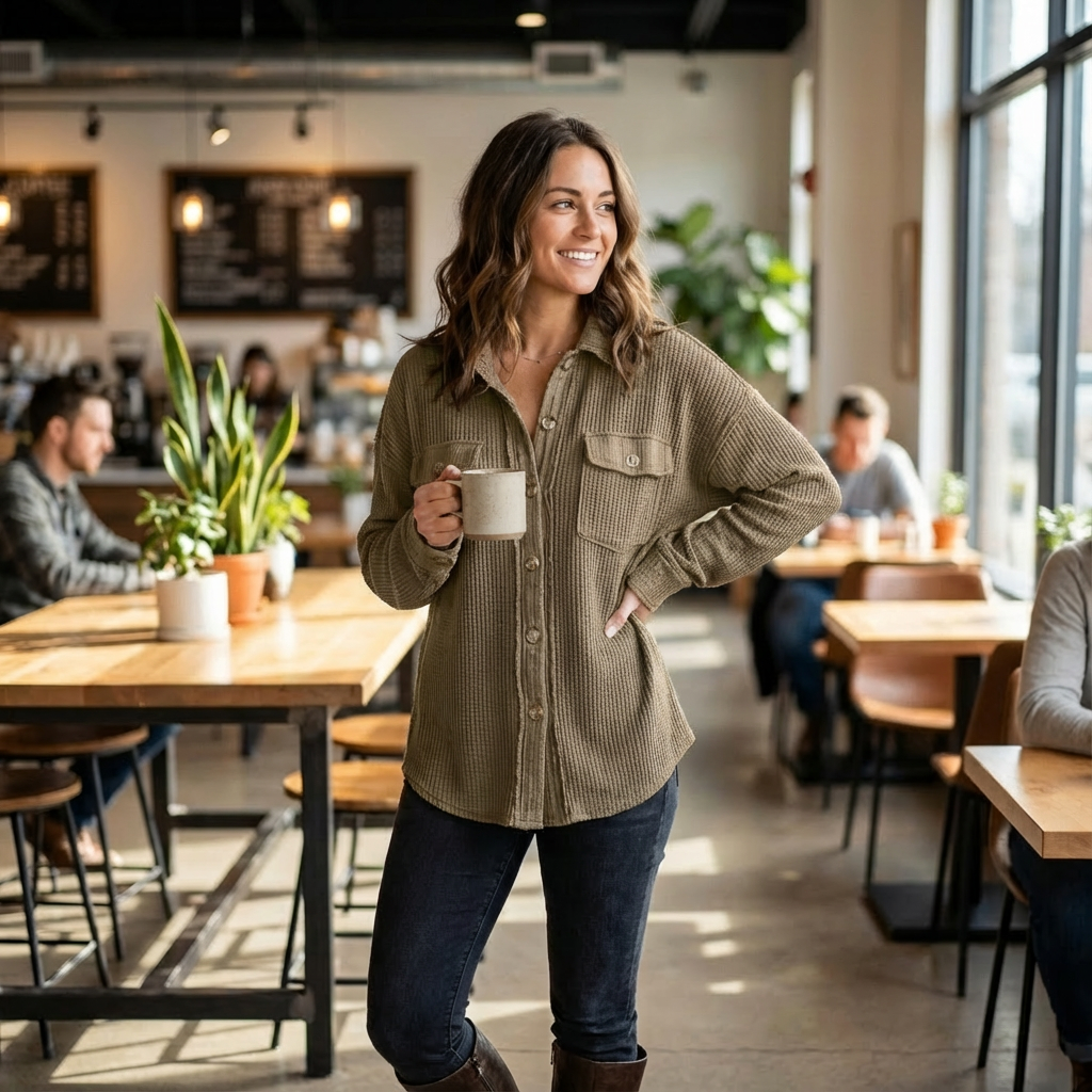 Waffle Knit Button-Up Shirt